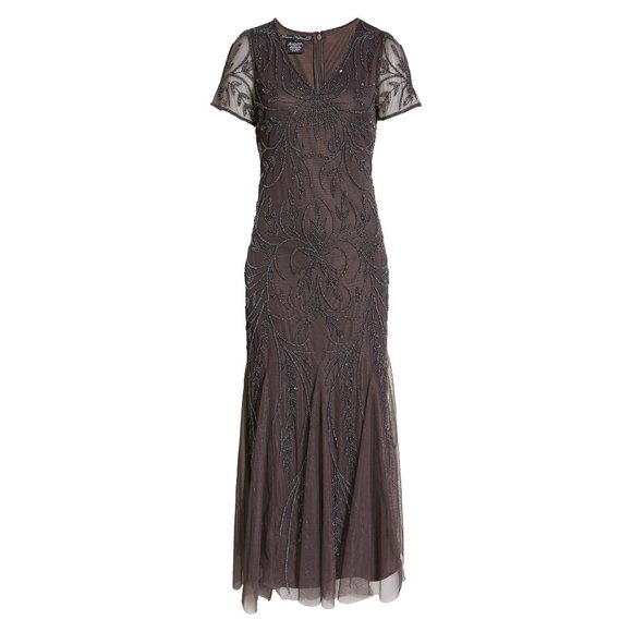 PISARRO NIGHTS Beaded Mesh Gown in Grey - Size 4 - NWT - Picture 4 of 6